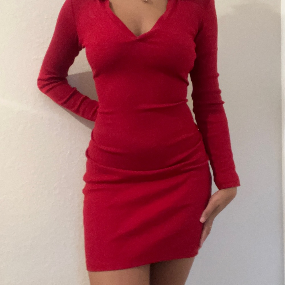 Red Zara long sleeve collared dress